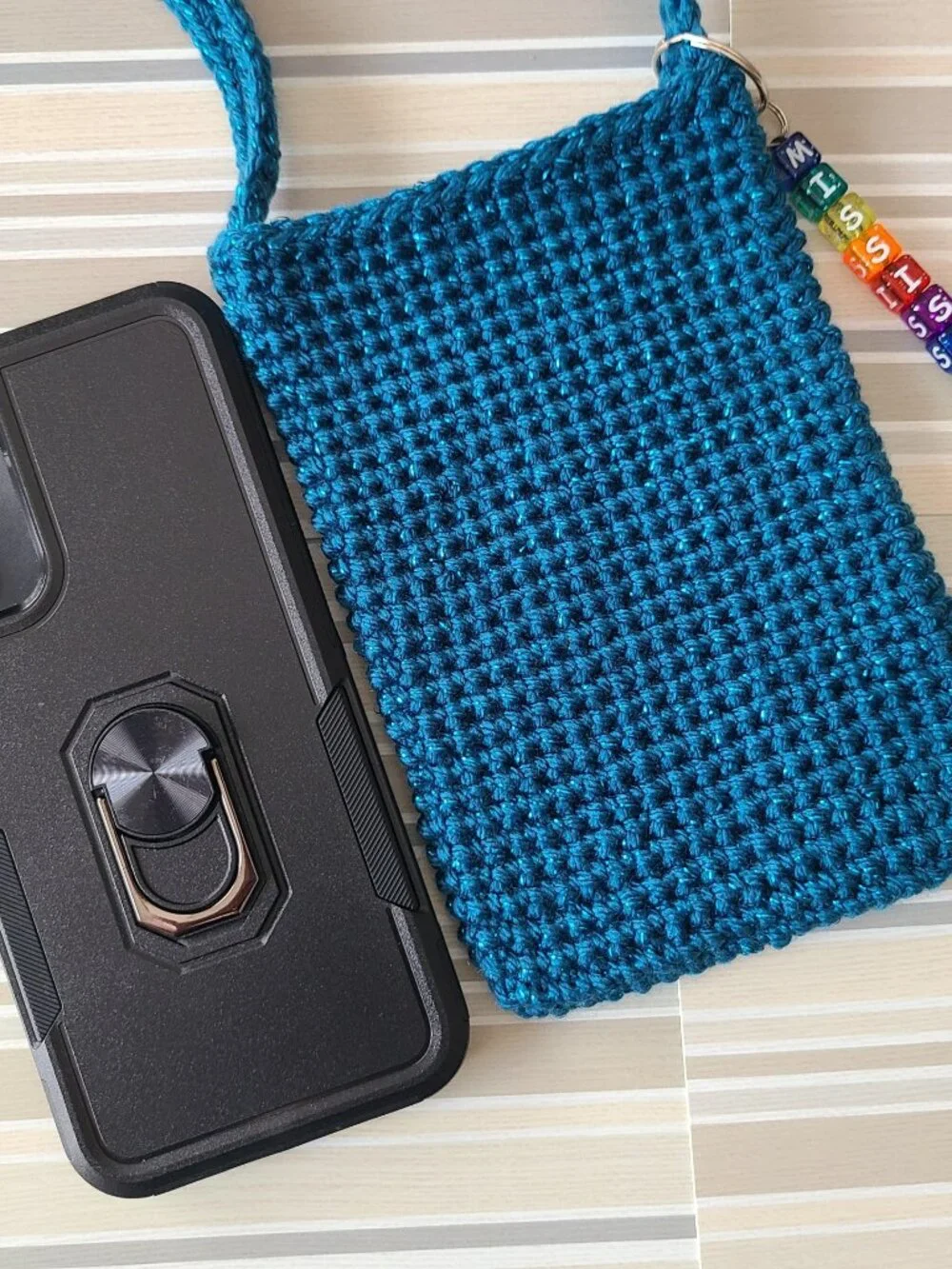 Hand Crochet Cell Phone Case Holder Crossbody Bag with Key Chain Teal Sparkling